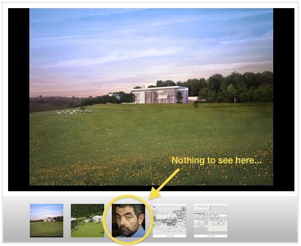 A droll Rowan Atkinson unwittingly appearing in an architectural slideshow